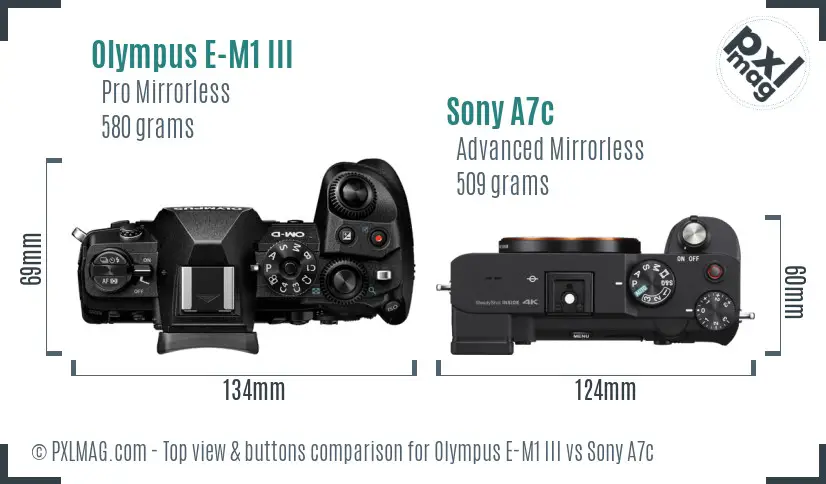 Olympus E-M1 III vs Sony A7c top view buttons comparison