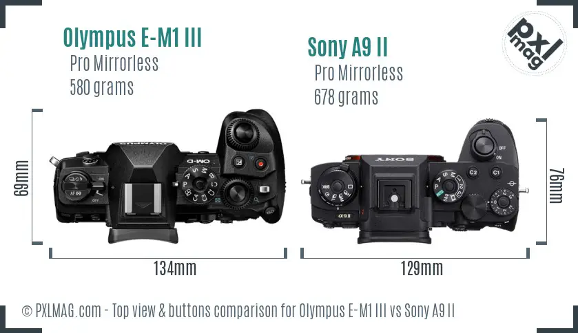 Olympus E-M1 III vs Sony A9 II top view buttons comparison