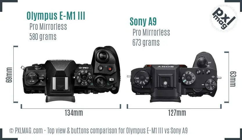 Olympus E-M1 III vs Sony A9 top view buttons comparison