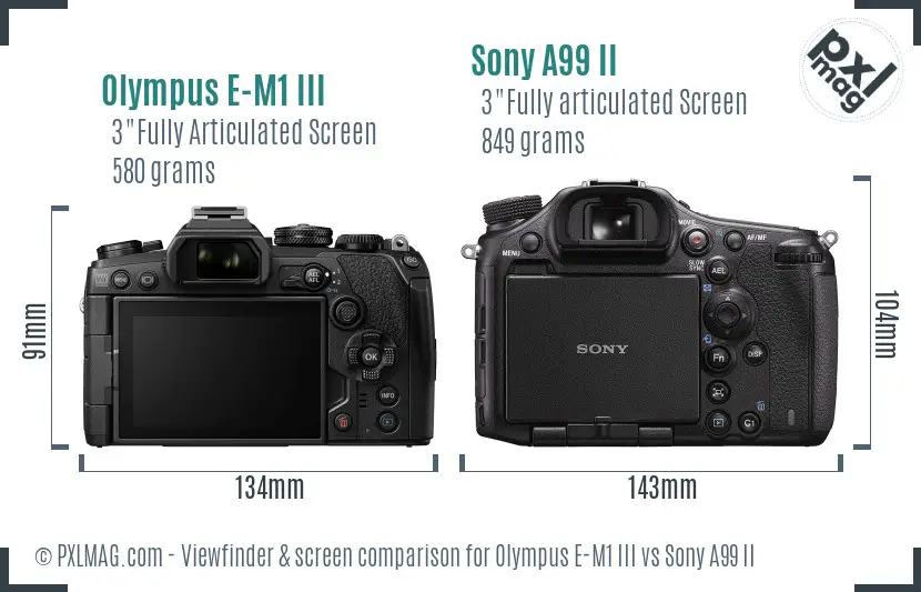 Olympus E-M1 III vs Sony A99 II Screen and Viewfinder comparison