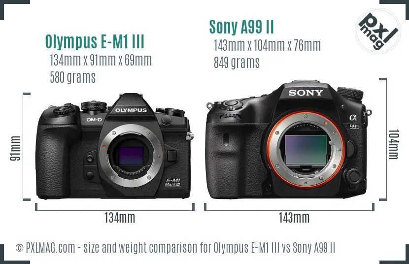 Olympus E-M1 III vs Sony A99 II size comparison