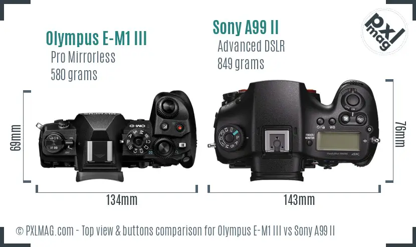 Olympus E-M1 III vs Sony A99 II top view buttons comparison