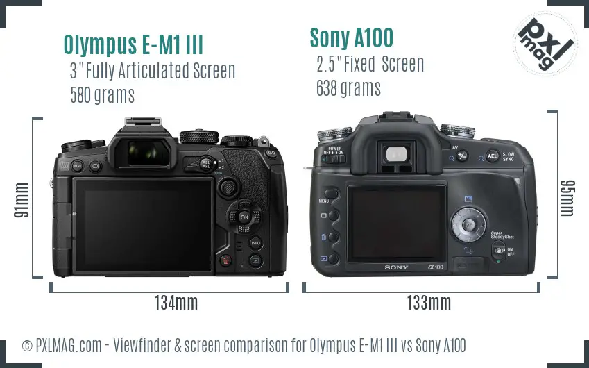 Olympus E-M1 III vs Sony A100 Screen and Viewfinder comparison