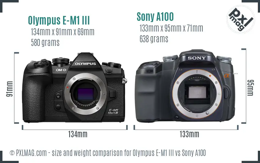 Olympus E-M1 III vs Sony A100 size comparison