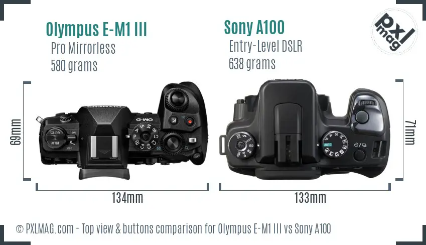 Olympus E-M1 III vs Sony A100 top view buttons comparison