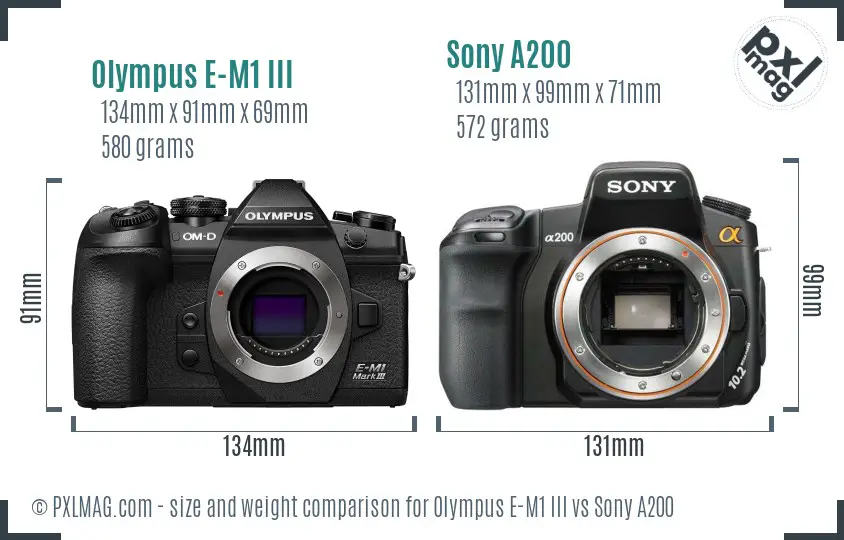 Olympus E-M1 III vs Sony A200 size comparison