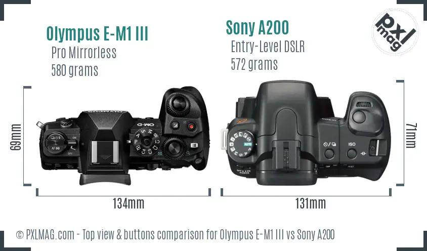 Olympus E-M1 III vs Sony A200 top view buttons comparison