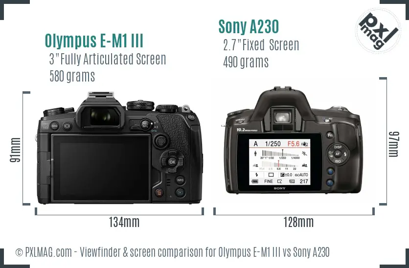 Olympus E-M1 III vs Sony A230 Screen and Viewfinder comparison