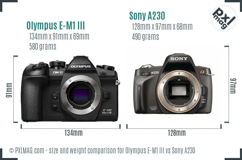 Olympus E-M1 III vs Sony A230 size comparison