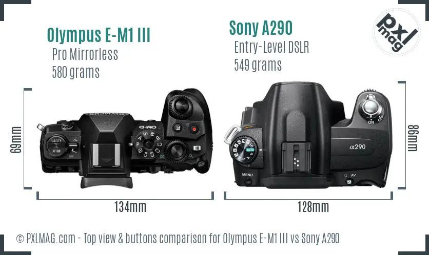 Olympus E-M1 III vs Sony A290 top view buttons comparison