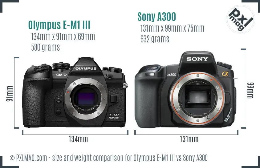 Olympus E-M1 III vs Sony A300 size comparison