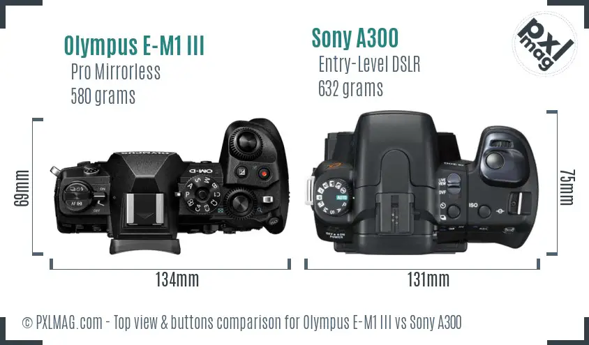 Olympus E-M1 III vs Sony A300 top view buttons comparison