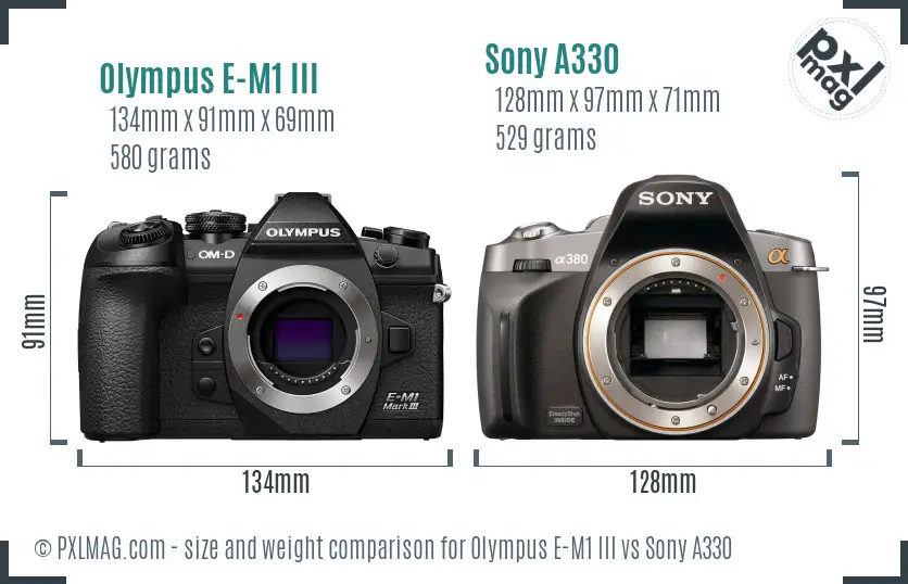 Olympus E-M1 III vs Sony A330 size comparison