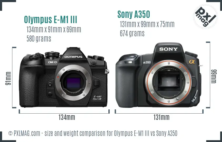 Olympus E-M1 III vs Sony A350 size comparison