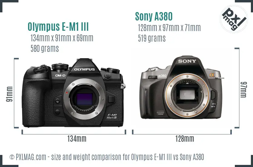 Olympus E-M1 III vs Sony A380 size comparison