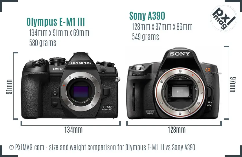 Olympus E-M1 III vs Sony A390 size comparison