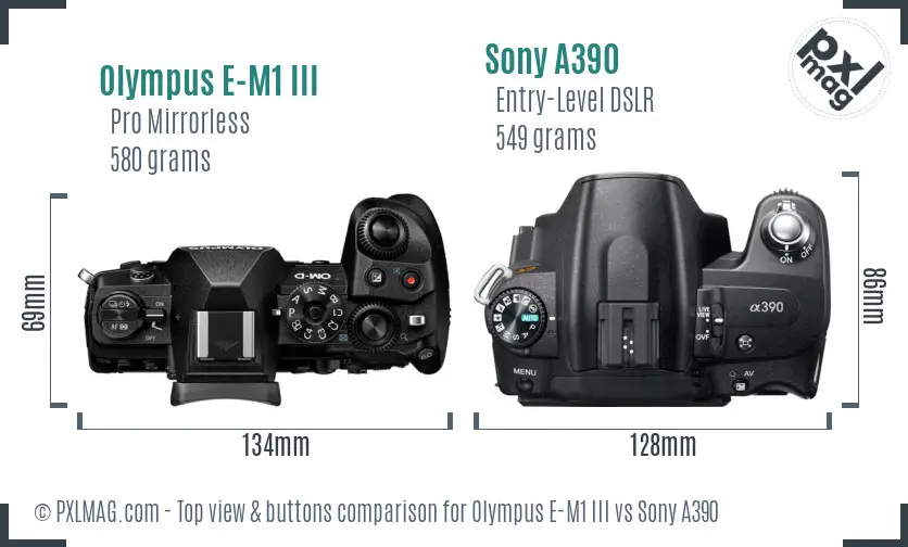 Olympus E-M1 III vs Sony A390 top view buttons comparison