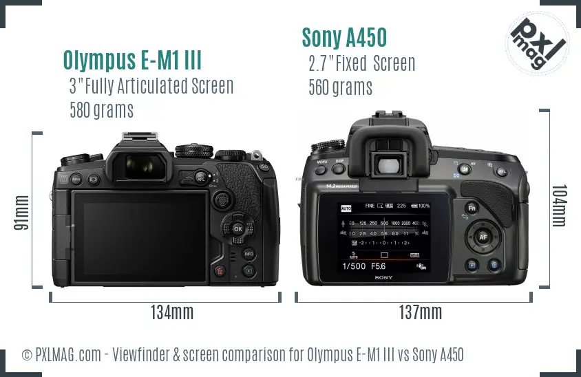 Olympus E-M1 III vs Sony A450 Screen and Viewfinder comparison