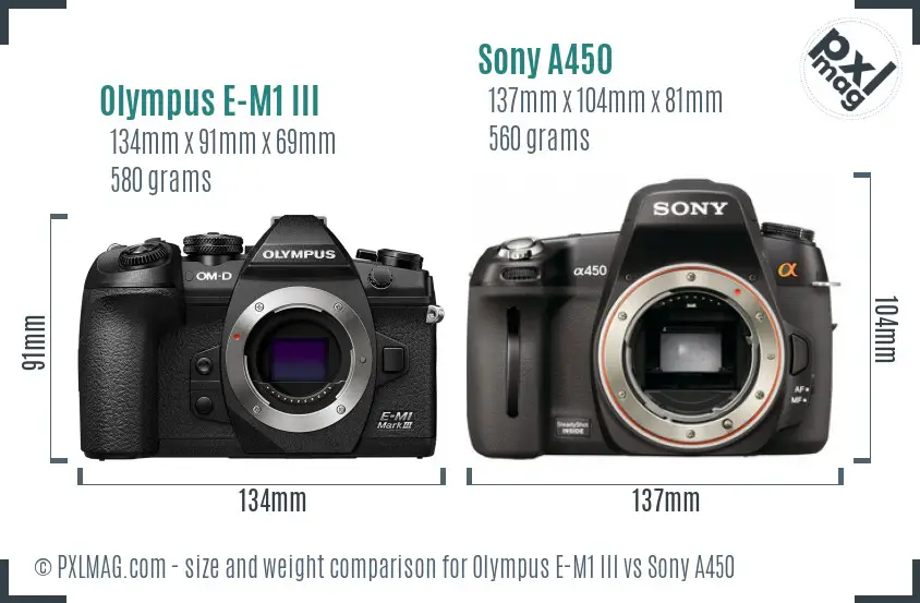 Olympus E-M1 III vs Sony A450 size comparison