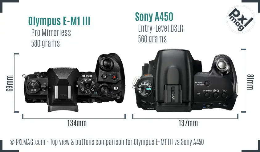 Olympus E-M1 III vs Sony A450 top view buttons comparison