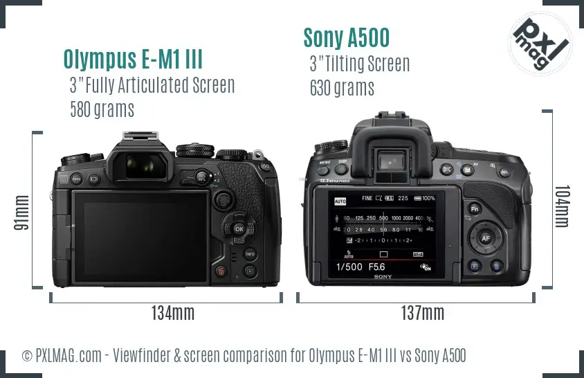 Olympus E-M1 III vs Sony A500 Screen and Viewfinder comparison