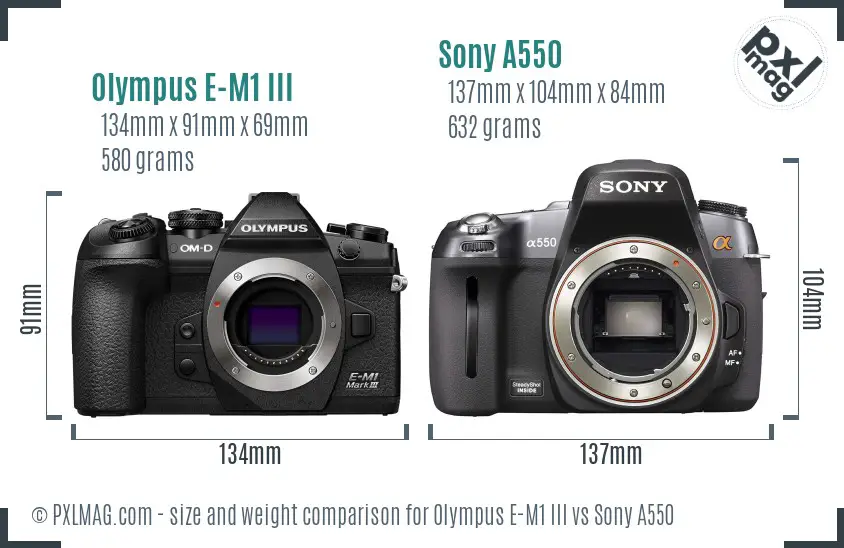 Olympus E-M1 III vs Sony A550 size comparison