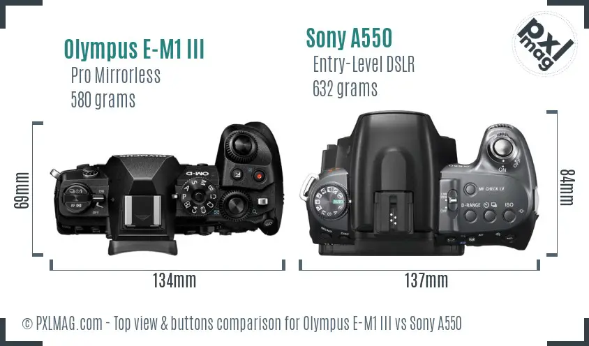 Olympus E-M1 III vs Sony A550 top view buttons comparison