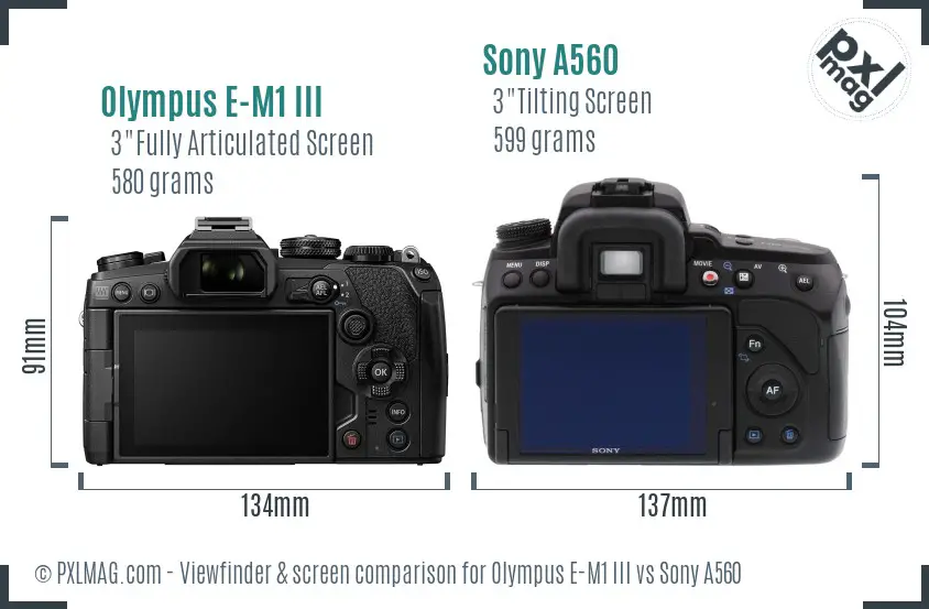 Olympus E-M1 III vs Sony A560 Screen and Viewfinder comparison