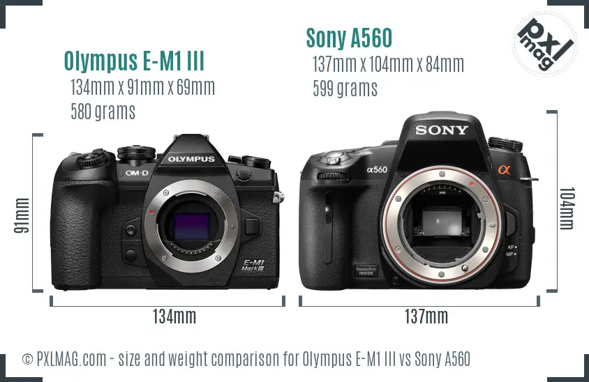 Olympus E-M1 III vs Sony A560 size comparison