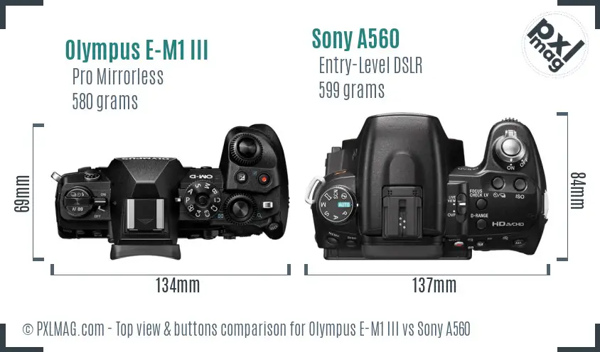 Olympus E-M1 III vs Sony A560 top view buttons comparison