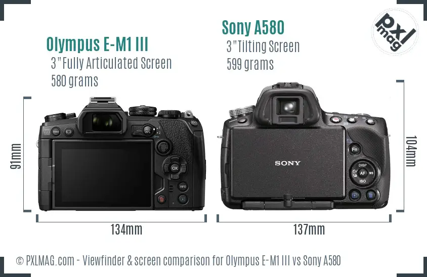 Olympus E-M1 III vs Sony A580 Screen and Viewfinder comparison