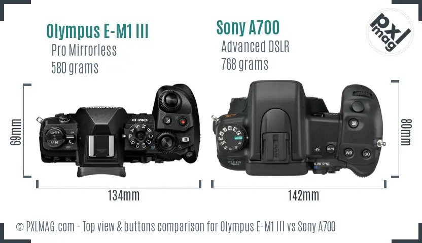 Olympus E-M1 III vs Sony A700 top view buttons comparison