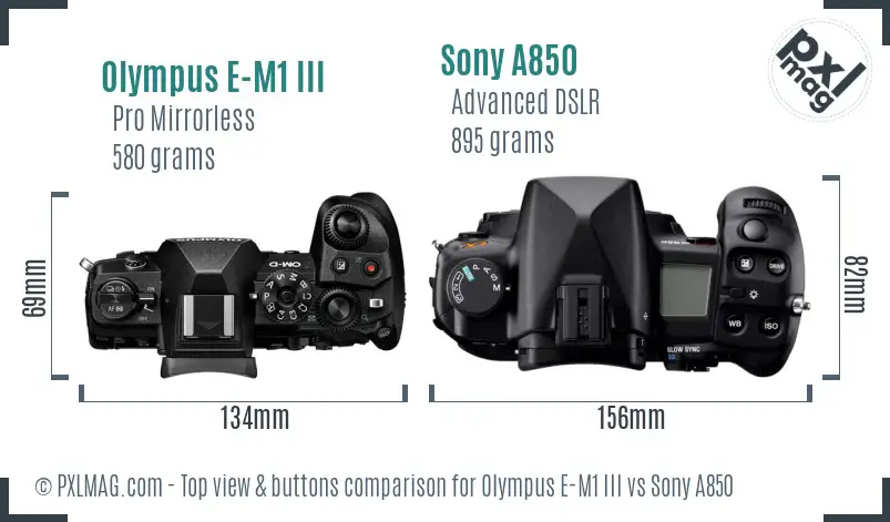 Olympus E-M1 III vs Sony A850 top view buttons comparison