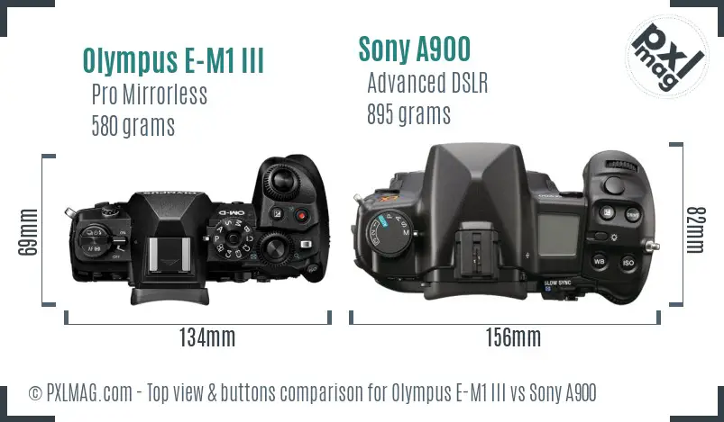 Olympus E-M1 III vs Sony A900 top view buttons comparison