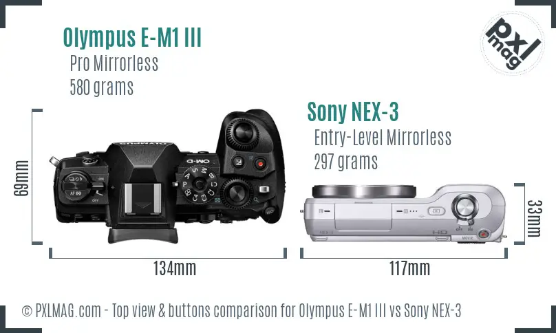 Olympus E-M1 III vs Sony NEX-3 top view buttons comparison