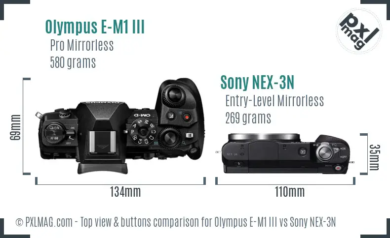 Olympus E-M1 III vs Sony NEX-3N top view buttons comparison