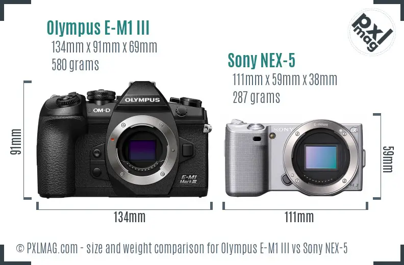 Olympus E-M1 III vs Sony NEX-5 size comparison