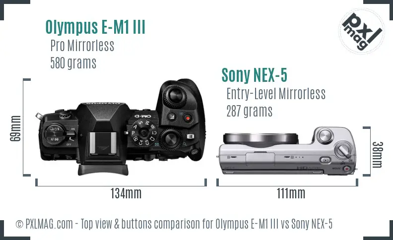 Olympus E-M1 III vs Sony NEX-5 top view buttons comparison