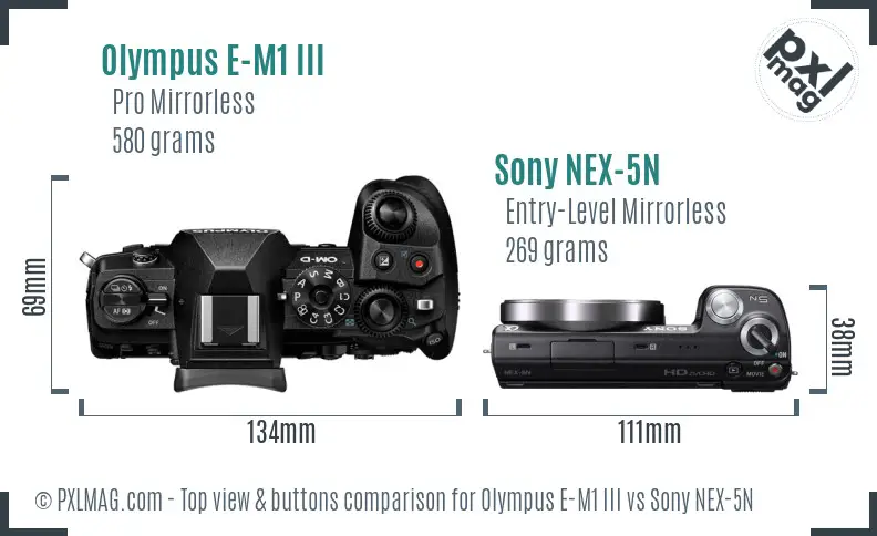 Olympus E-M1 III vs Sony NEX-5N top view buttons comparison