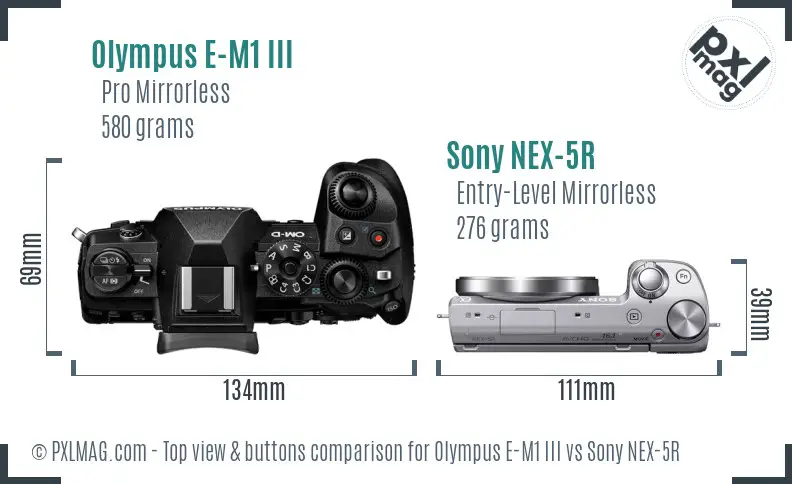 Olympus E-M1 III vs Sony NEX-5R top view buttons comparison