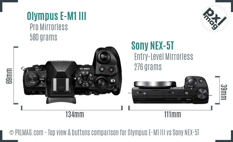 Olympus E-M1 III vs Sony NEX-5T top view buttons comparison