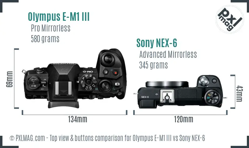 Olympus E-M1 III vs Sony NEX-6 top view buttons comparison