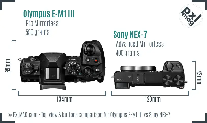 Olympus E-M1 III vs Sony NEX-7 top view buttons comparison