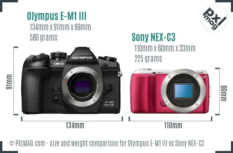 Olympus E-M1 III vs Sony NEX-C3 size comparison