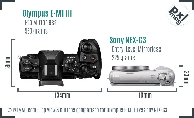 Olympus E-M1 III vs Sony NEX-C3 top view buttons comparison