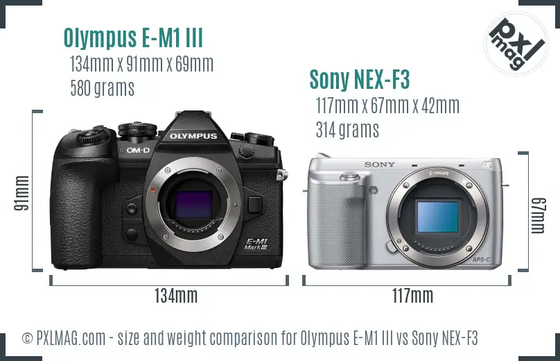 Olympus E-M1 III vs Sony NEX-F3 size comparison