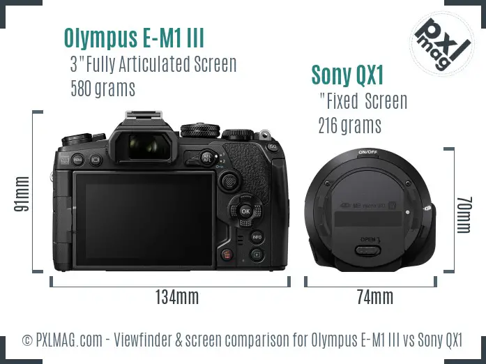 Olympus E-M1 III vs Sony QX1 Screen and Viewfinder comparison