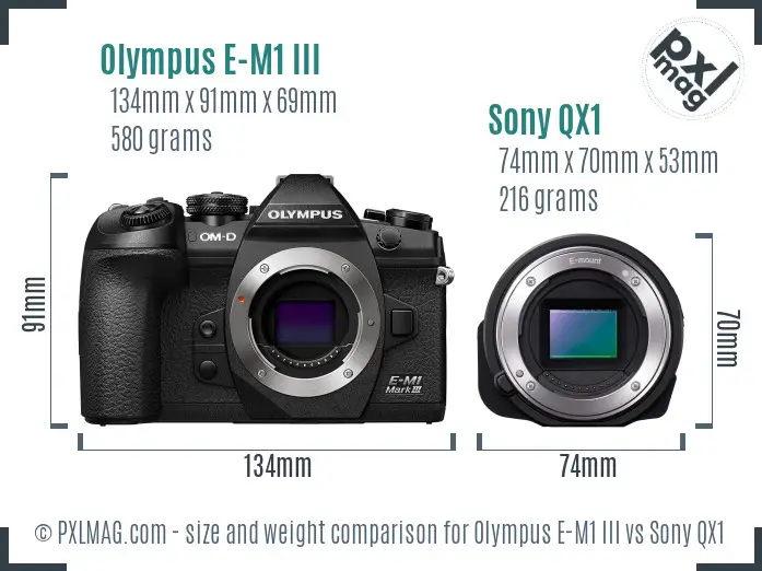 Olympus E-M1 III vs Sony QX1 size comparison