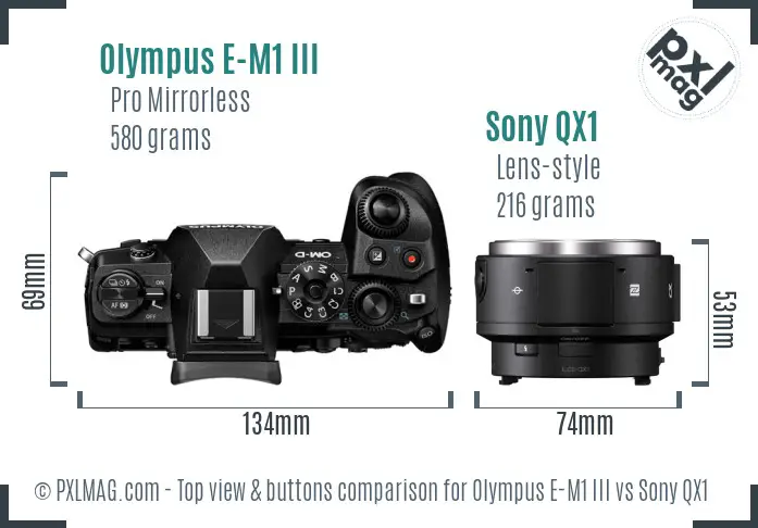 Olympus E-M1 III vs Sony QX1 top view buttons comparison