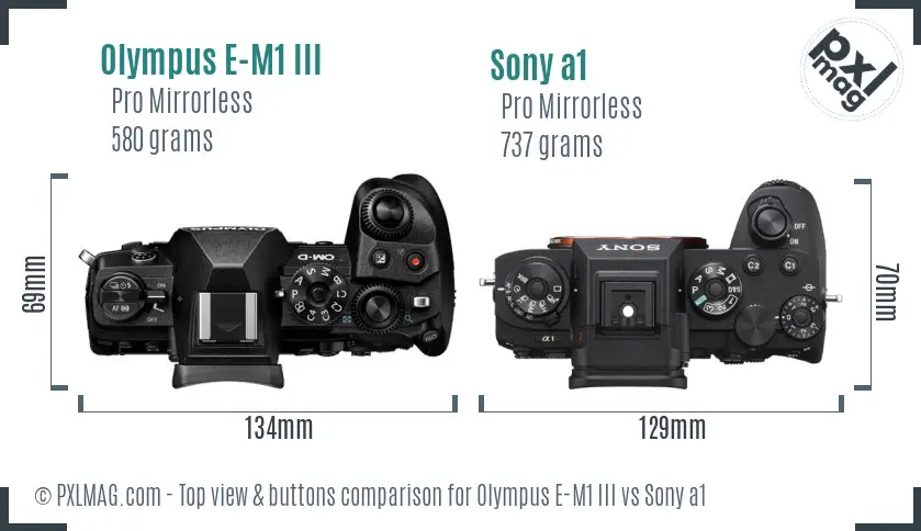 Olympus E-M1 III vs Sony a1 top view buttons comparison
